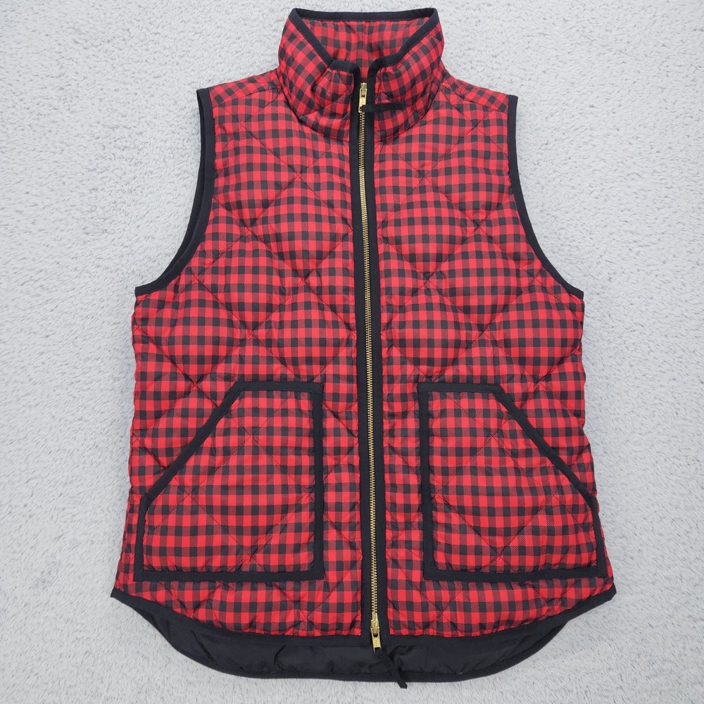 J.Crew Vest Womens Small Red Black Buffalo Check Quilted Down Puffer Outdoor